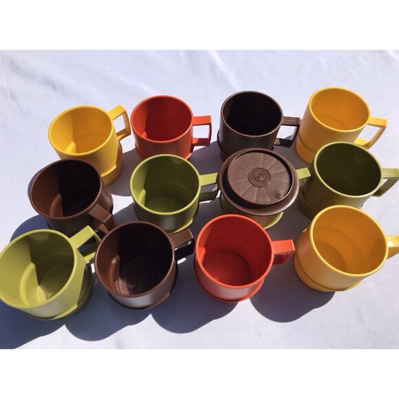 VTG Tupperware 1312 Stacking Coffee Cups Harvest MCM Orange Green Gold Brown Set - Picture 11 of 16